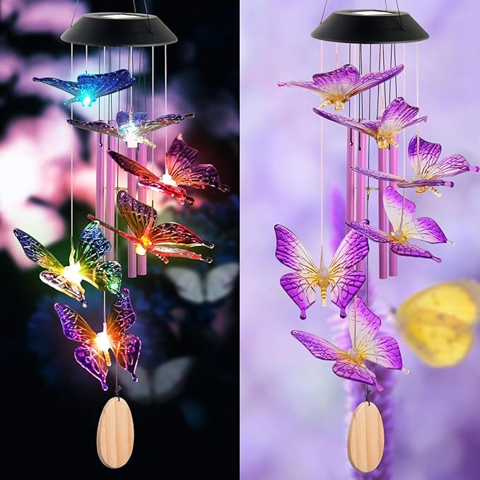 Solar Butterfly Wind Chimes for Outside, 6 Gold Jingle Bells & S Hook, Color Changing Windchimes Outdoor, Patio Yard Decor, Waterproof Gardening Gifts for Mom Women Birthday Housewarming Chimes Gift