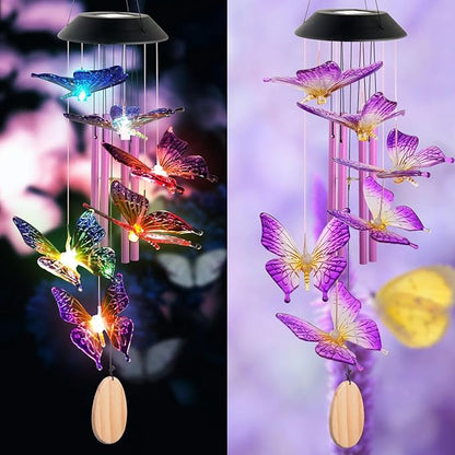 Solar Butterfly Wind Chimes for Outside, 6 Gold Jingle Bells & S Hook, Color Changing Windchimes Outdoor, Patio Yard Decor, Waterproof Gardening Gifts for Mom Women Birthday Housewarming Chimes Gift