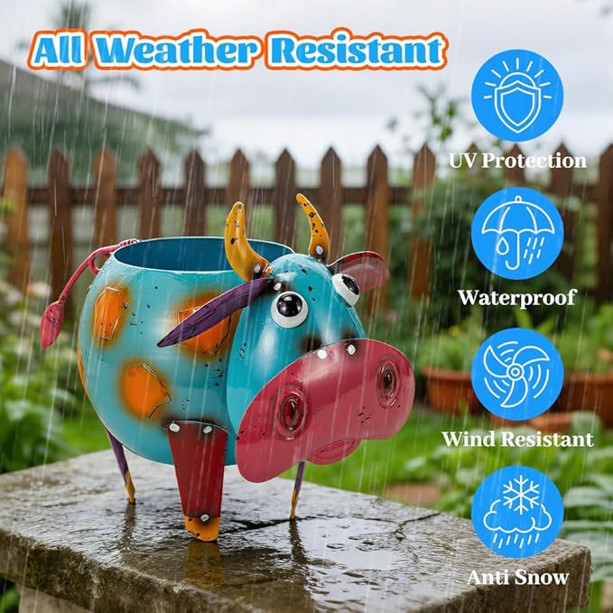 Oak & Lore Colorful Metal Cow Garden Statues, Cartoon Cow Outdoor Garden Sculptures & Statues with Planters Art Decor for Patio, Lawn, Yard, Balcony
