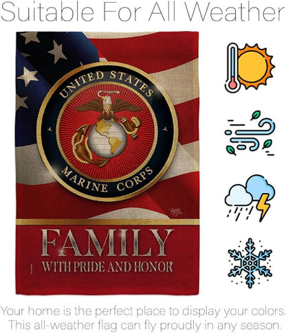 US Marine Family Honor Burlap Garden Flag - Armed Forces Corps USMC Semper Fi United State American Military Veteran Retire Official - House Banner Small Yard Gift Double-Sided 13 X 18.5