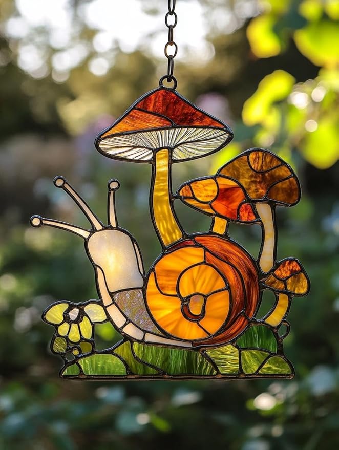 Mushrooms with Snail Acrylic Stained Window Hanging Pink Mushroom Suncatcher Cottagecore Home Decor for Friends Suncatchers Indoor Window Suncatchers Windows