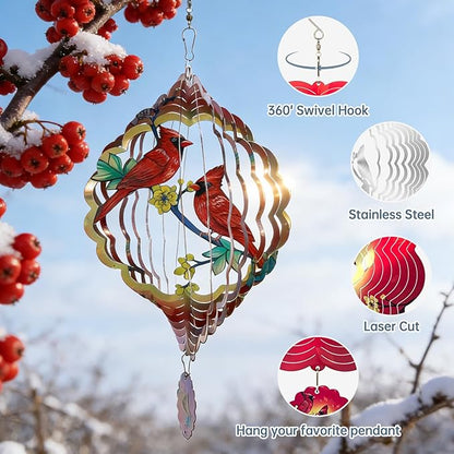 Cardinal Wind Spinner, 12Inch Metal 3D Kinetic Wind Spinners, Cardinal Gifts for Women, Mom, Garden & Yard Decor Outdoor/Indoor Decoration, Dynamic Art Hanging Sculpture