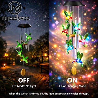38” Hummingbird Aluminum Tube Solar Light LED Wind Chime for Outside, Weather Resistant Decoration Outdoor Garden Patio Soft Tone Decor, Gift for Birthday, Mother's Day, Atmosphere Creator