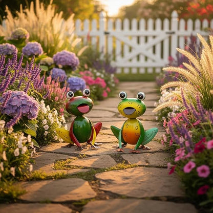 Metal Garden Decor for Outside Set of 2 Cute Small Frogs - OutdoorGarden Sculptures & Statues, Patio Lawn Backyard Fence Porch Decor, Metal Yard Art Ornaments, Garden Gifts for Mom Women Grandma