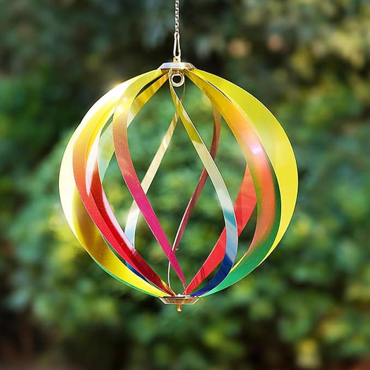 Hanging Wind Spinners Outdoor - Tool-Free Assembly Garden Wind Spinners, Spring Metal Yard Decor with Dual Hooks for DIY Accessories, Weatherproof Rust-Resistant 3D Ball(Rainbow, 12 Inch)
