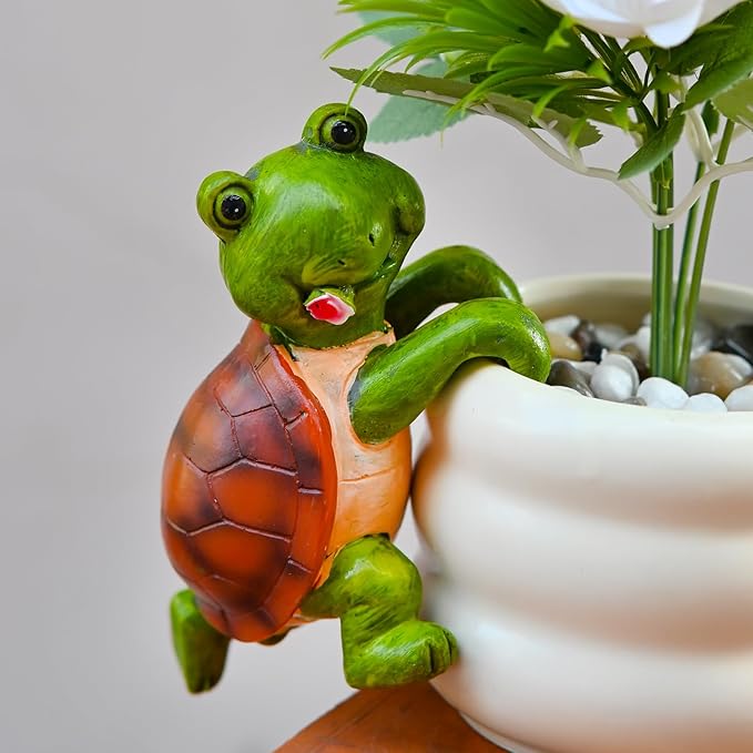 Set of 2 Cute Climbing Tortoise Flower Pot Hugger Figurines Resin Hanging Turtle Statues Planter Pot Decorations for Home Garden Fence Balcony Patio Lawn Yard Ornaments