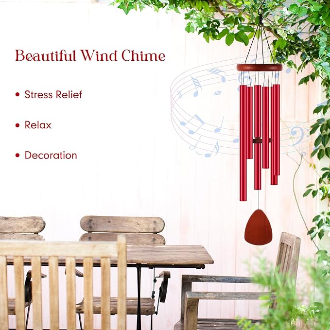 Leinuosen Wind Chimes for Outside Wind Chimes Outdoors Deep Tones 28" with 6 Aluminum Tubes Memorial Sympathy Windchime for Valentine Tree Decor Garden Courtyard Mom Loved One Gifts(Classic,Red)