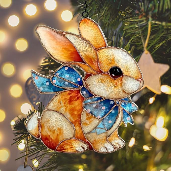 Vivid Bunny Mosaic Art Accent Acrylic Suncatcher Stained Glass Effect Window Car Hanging Christmas Ornament Indoor Outdoor Decor Garden Sun Catcher Panel for Easter Lover for Women Mom Grandma