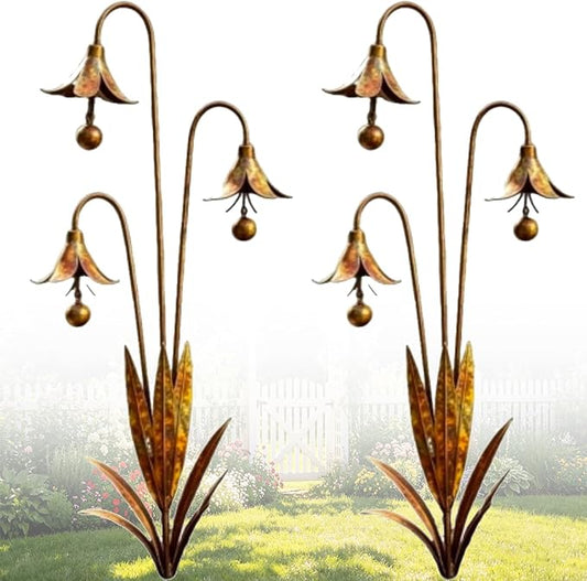 Triple Bluebells Garden Stake with Bell, Rustic Flower Yard Art Decor, Weather Resistant Outdoor Lawn Ornament, Handmade Floral Garden Decoration (2pcs)