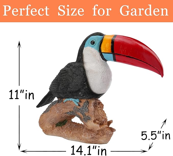 Real Toucan Statue,Colorful Outdoor Bird Decor Sculpture- 14.2" Resin Bird Outdoor Animal Ornament, Tropical Tiki Bar Decor, Waterproof & Weather-Resistant, Perfect for Garden, Patio, Yard