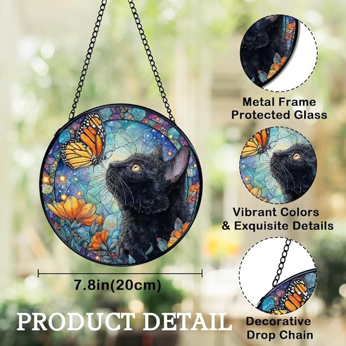 Black Cat Butterfly Suncatchers Stained Glass Window Hanging, Cottagecore Flower Butterfly Black Cat Sun Catchers Indoor Window Glass Round Wall Decor, Gifts for Pet Lovers 7.9x7.9in