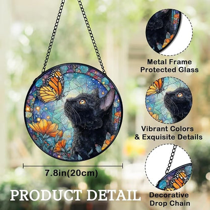 Black Cat Butterfly Suncatchers Stained Glass Window Hanging, Cottagecore Flower Butterfly Black Cat Sun Catchers Indoor Window Glass Round Wall Decor, Gifts for Pet Lovers 7.9x7.9in