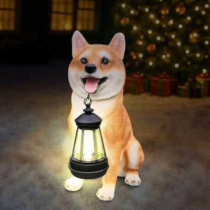 Outdoor Akita Inu Dog Statue with Interchangeable Welcome Sign and Detachable Solar Lantern –LED Light Garden Dog Sculpture Décor, Cute Puppy Design for Yard, Porch, Gift