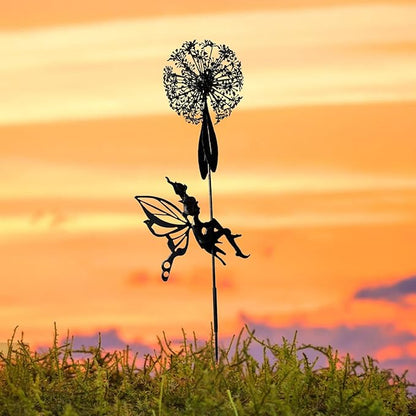 Flower Fairy Dancing with Dandelion Garden Sculpture,Angel Metal Ornaments Stainless Steel Statue Decorations,Wonderland Outdoor Yard Lawn Patio Stakes Sculptures Decor (H)