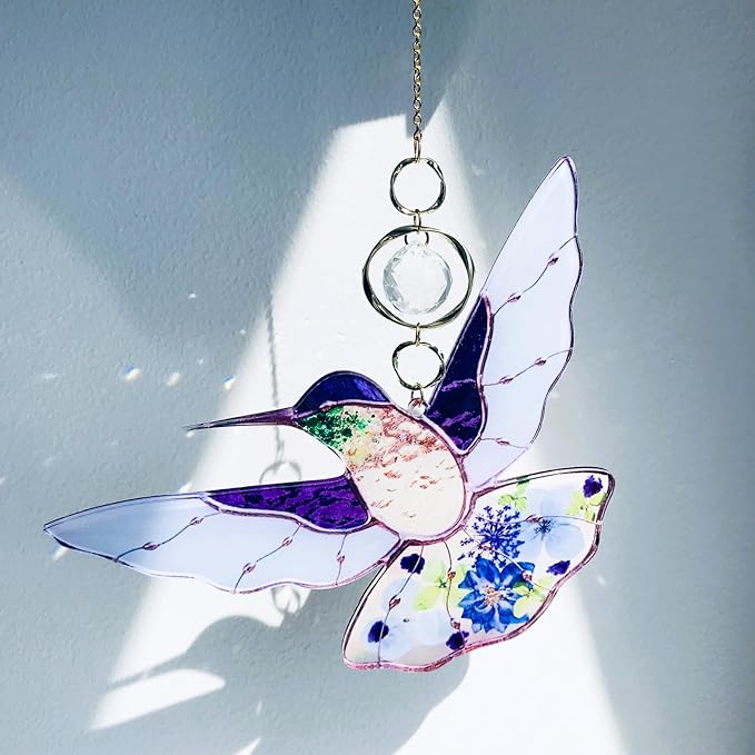 Purple Acrylic Hummingbird Flowers Garden Suncatcher Window Hanging Crystal Prism Rainbow Maker Sun Catcher Ornaments Birthday Christmas Thanksgiving Gifts for Mom Grandma Sister Bird Lovers