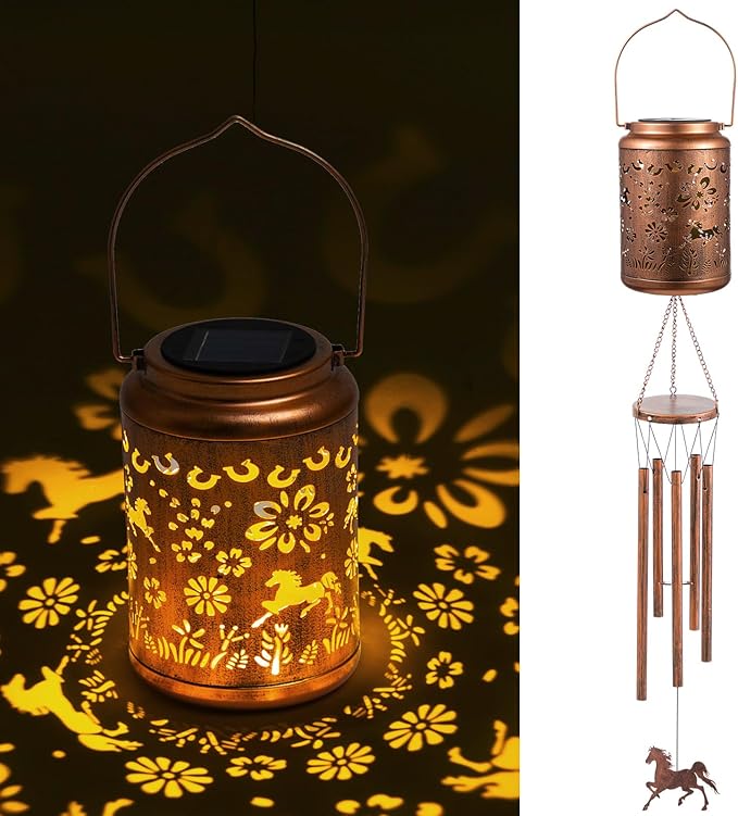 Janinka Horse Solar Wind Chimes for Outside, 35'' Memorial Wind Chimes Horse Gifts for Women Mom Grandma, Metal Decorative Solar Lantern Windchimes Outdoors Unique Gifts for Garden Decor