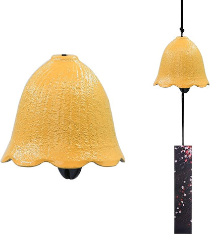 Japanese Wind Chime Cast-Iron Outdoor Ornament for Garden, Patio & Balcony, Hanging Metal Wind-Bell Decoration Gift, Blessing Pendant Windchimes & PVC Wind-Catcher, Yellow Flower