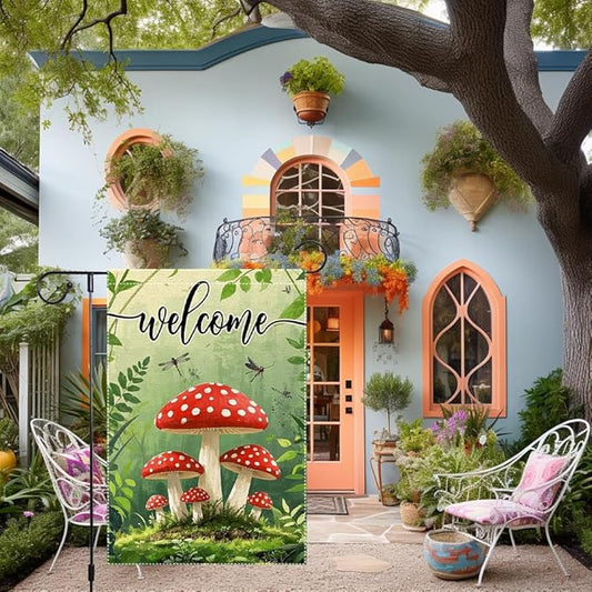 Welcome Spring Summer Mushrooms Garden Flag 12x18 inch Double-Sided Small Burlap Yard Outside Lawn Rustic Farmhouse Decorations