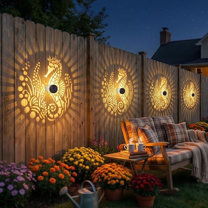 2 Pack Solar Fence Lights Outdoor Wall Lights Metal Solar Powered Deck Step Stair Lights Seahorse Theme Waterproof Fence Solar Light for Garden Post Patio Yard Decor, Gardening Gifts for Women Mom