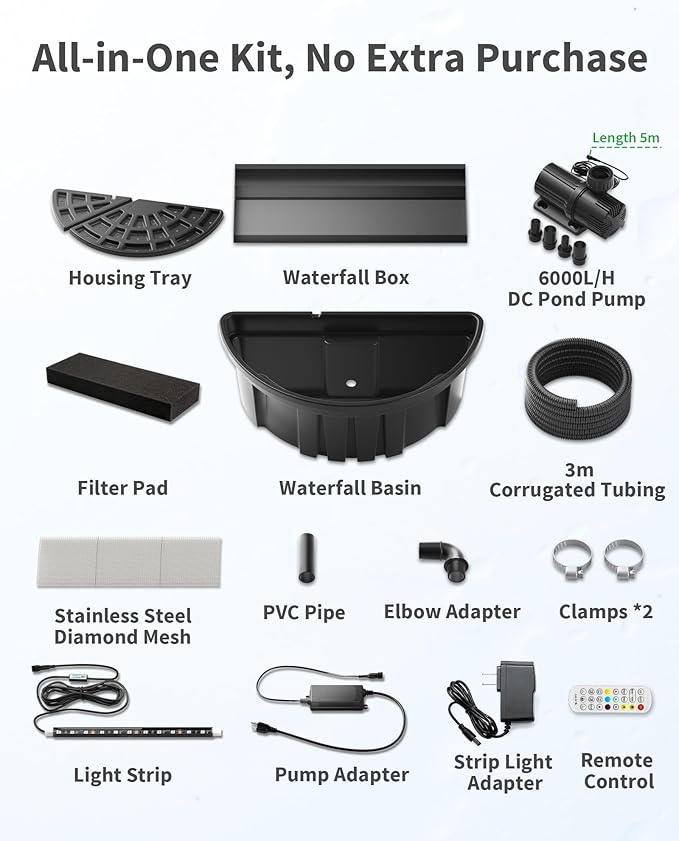 POPOSOAP 24inch Pond Waterfall Spillway with Filter Box & 1600GPH Pump, Self-Circulating Water Feature with LED Lights, Pondless Waterfall for Garden Backyard Courtyard Landscape Decoration-P7665