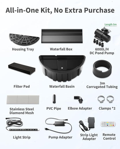 POPOSOAP 24inch Pond Waterfall Spillway with Filter Box & 1600GPH Pump, Self-Circulating Water Feature with LED Lights, Pondless Waterfall for Garden Backyard Courtyard Landscape Decoration-P7665