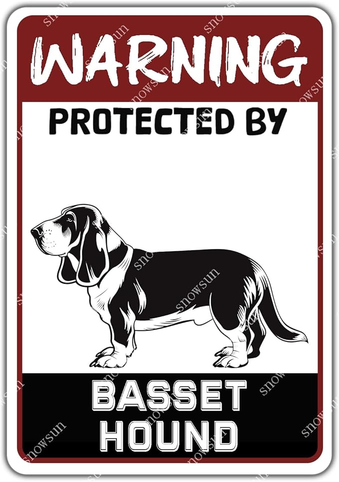 snowsun Warning Metal Signs Protected by Basset Hound Dog Tin Sign for Home Garden Yard Street Wall Decor 8×12 Inches
