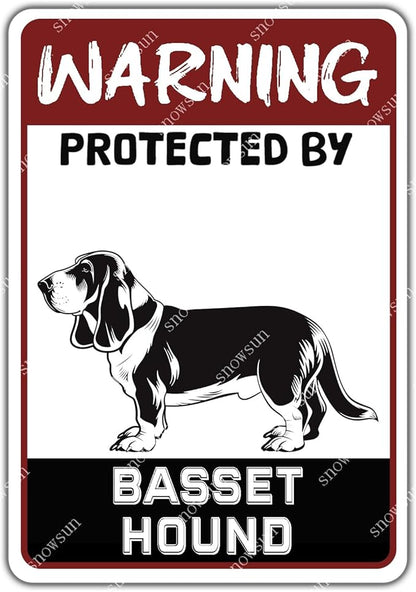 snowsun Warning Metal Signs Protected by Basset Hound Dog Tin Sign for Home Garden Yard Street Wall Decor 8×12 Inches