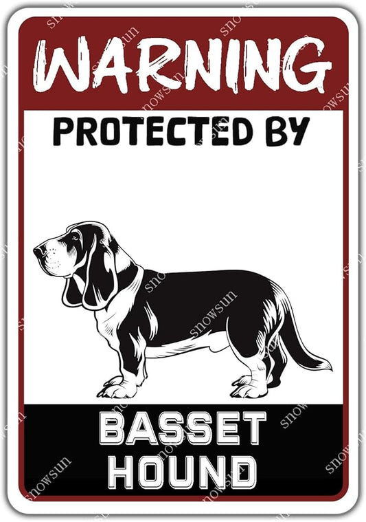 snowsun Warning Metal Signs Protected by Basset Hound Dog Tin Sign for Home Garden Yard Street Wall Decor 8×12 Inches