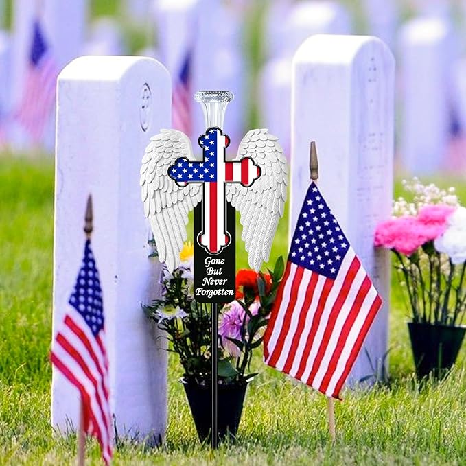Solar Memorial Cross with Angel Wings - Patriotic American Flag Cemetery Decorations - Waterproof LED Grave Marker, Veterans Day & Father's Day Sympathy Gift for Loss of Loved One(Angel Wings)