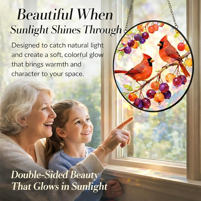 Cardinal Suncatcher Window Hanging, 7.8" Stained Glass Decor, Meaningful for Mom, Grandma, Family and Friends, Red Cardinal Window Decor for Kitchen, Sunroom and Garden