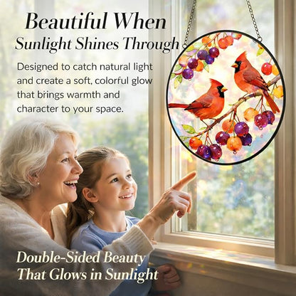 Cardinal Suncatcher Window Hanging, 7.8" Stained Glass Decor, Meaningful for Mom, Grandma, Family and Friends, Red Cardinal Window Decor for Kitchen, Sunroom and Garden