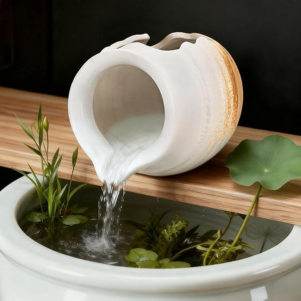 M METERXITY Ceramic Garden Fountain Spitter, Clay Pot Ecological Tank for Pond/Backyard Water Feature/Cave Waterfall/Landscaping, DIY Water Flow Jar Hydroponic Vase [5.5in, White]