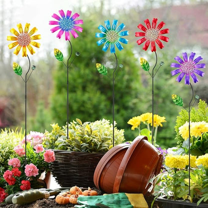 Metal Flower Garden Stakes Yard Art,5 Pcs Colorful Flower Bed Decor Yard Stakes for Outside with Beads for Outdoor Lawn Porch Pathway Patio