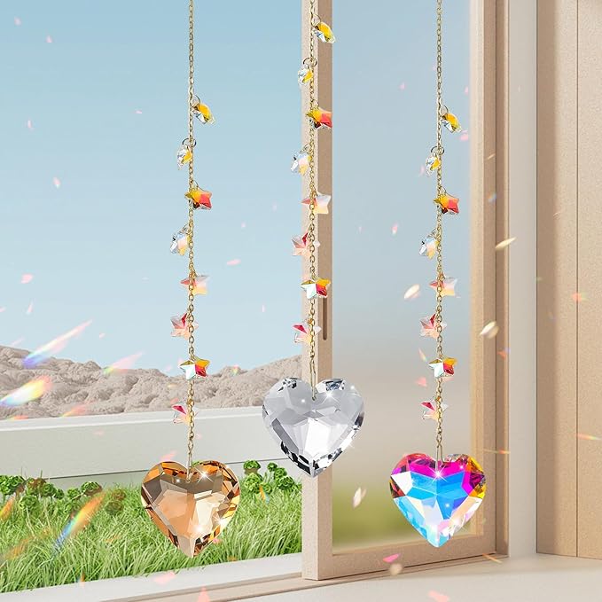 Crystal Sun Catcher Crystal Heart Suncatchers for Windows Hanging Healing Crystals Ornament Gift for Wife Mom Set of 3