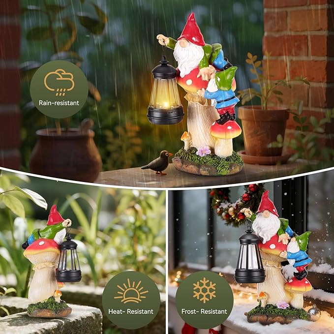 Garden Gnomes Outdoor Statues with Light, Spring Gnomes Decorations for Yard, Solar Garden Gnome Climbing on Mushroom, Lawn Ornaments for Patio, Balcony Housewarming- Unique Women Gifts