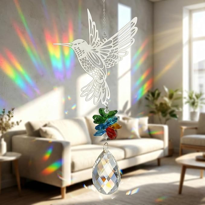 Sun Catcher Crystal Hummingbird,Indoor Window Suncatcher, Hanging Crystal Decor Creates Rainbows, Hummingbird Wall Art, Bird Deterrent Garden Gift.
