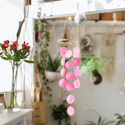 Handmade Capiz Wind Chimes for Outside, Outdoor Seashell Hanging Beach Coast Ocean Home Decorative, Unique Natural Shell Waterfall Windchimes for Summer Patio, Great Memorial Sympathy Gift（Pink