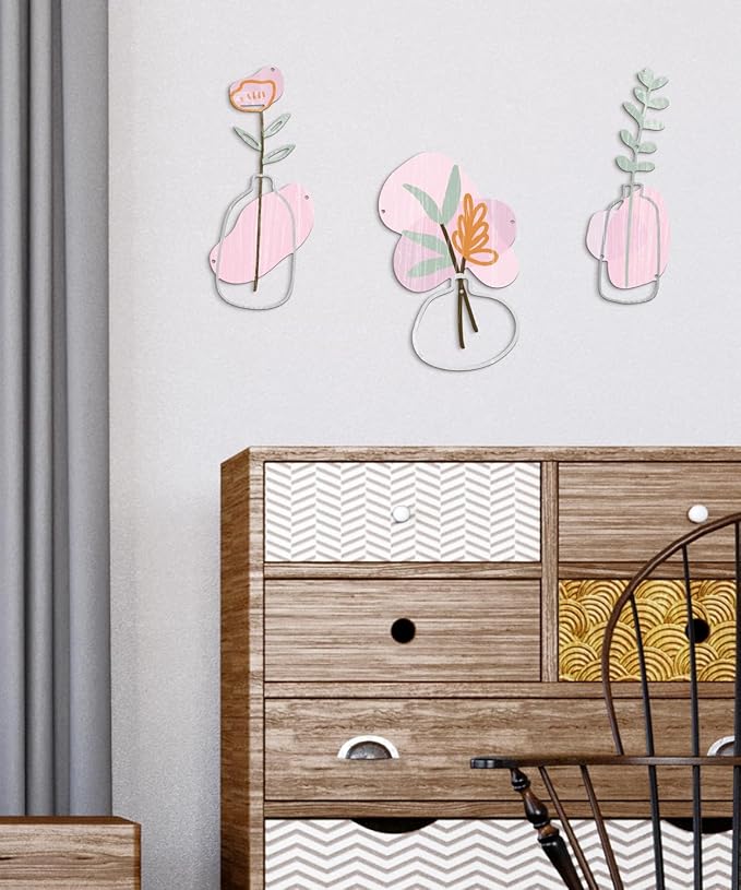 Putuo Decor 3Pcs Metal Flower Wall Art, Minimalist Flower Vase Bathroom Wall Decor, Rustic Farmhouse Decor for Living Room, Bathroom, Bedroom, Elegant Housewarming Gift(Pink)