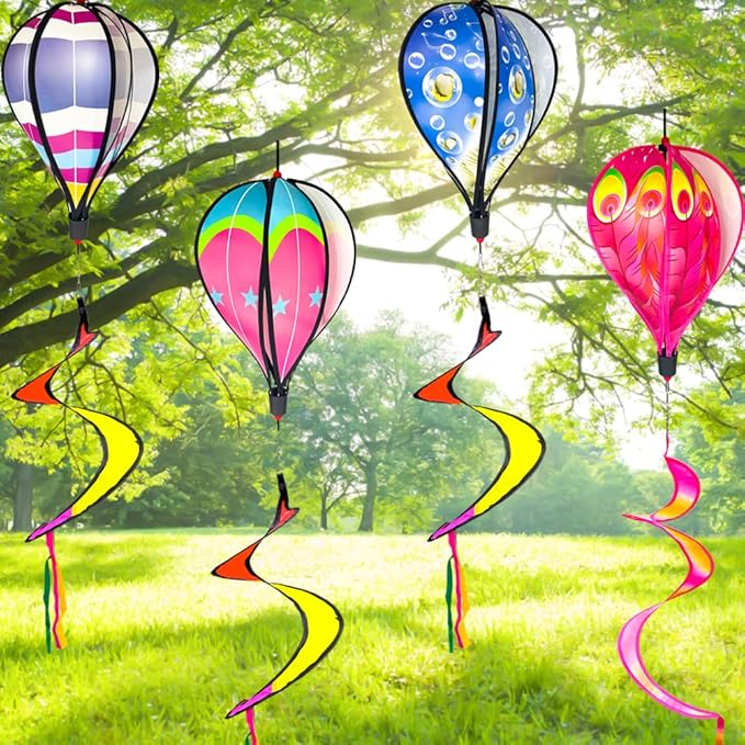 4 PCS Hot Air Balloon Wind Spinners Colorful Wind Spinner Fish Bubble Wind Sculptures Peacock Garden Spinner Wind Socks Rotating Wind Twister Spiral Spinner Hanging for Yard Garden Outdoor Decor