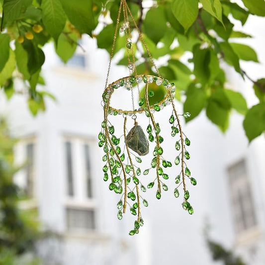 Crystal Hanging Suncatcher with Natural Stone, 16.9 Inch Decorative Wind Chime, Gold Chain & Branch Design (Green)