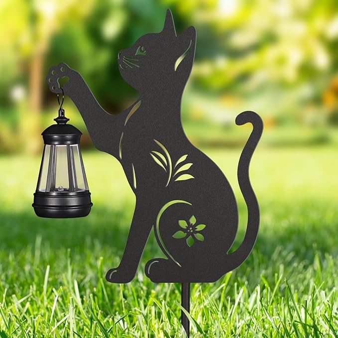 Doorkeer 2Pack Solar Outdoor Garden Lights Stakes Metal Cat Lawn Deco Statue Black Cat Patio Garden Decorative Stakes with Solar Lantern Christmas Birthday Gifts for Women Mom and Grandma