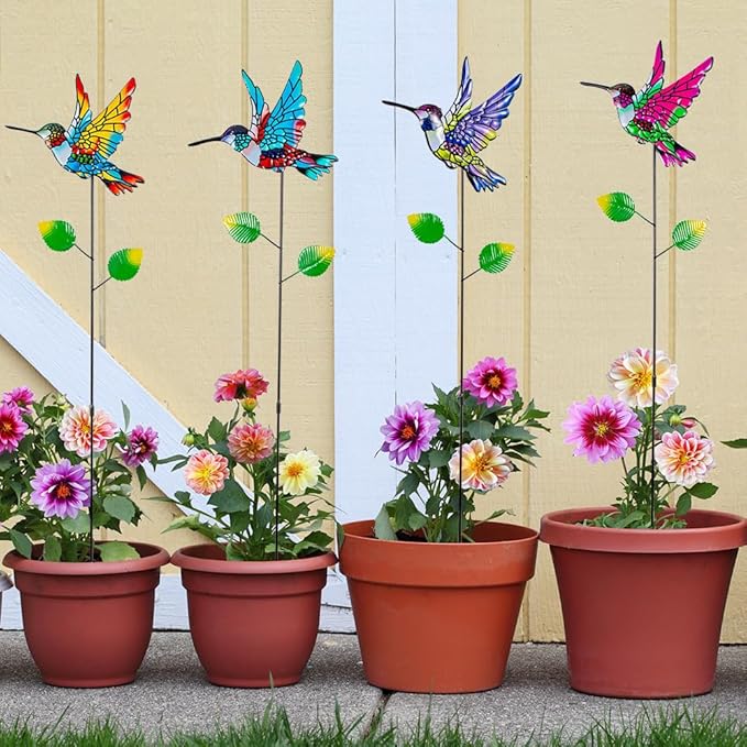 Decorative Garden Stakes,4 Pack Hummingbird Garden Decor for Outside,Metal Yard Art Spring Decor for Outdoor Porch Lawn Pathway