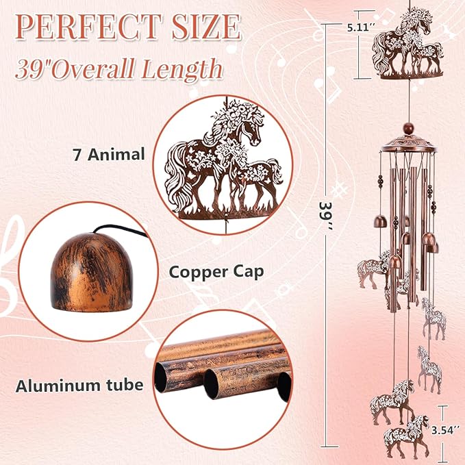 Horse Wind Chimes for Outside - Metal Windchimes Outdoors, Horse Gifts for Women/Men, Memorial/Birthday/Housewarming/Festival Gifts, Chimes for Garden Decor Patio Yard Outdoors