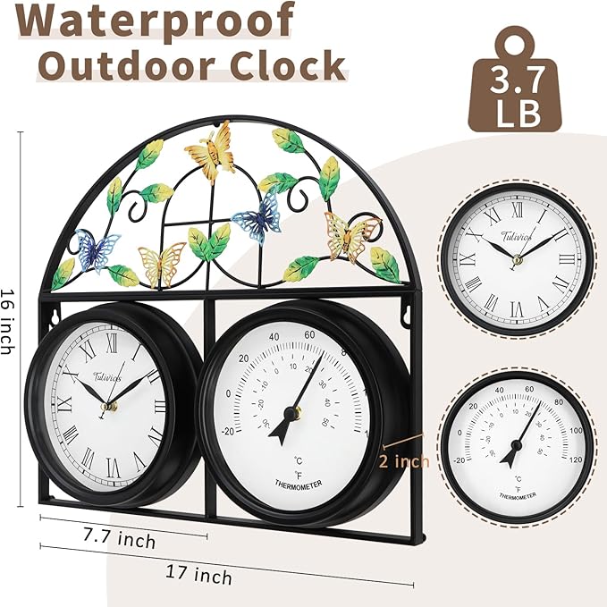 17Inch Large Outdoor Clock,Waterproof Wall Clock with Thermometer,Weatherproof Non-Ticking Quartz Battery Operated Decor Clock for Patio,Garden,Pool,Porch,House Warming Gifts