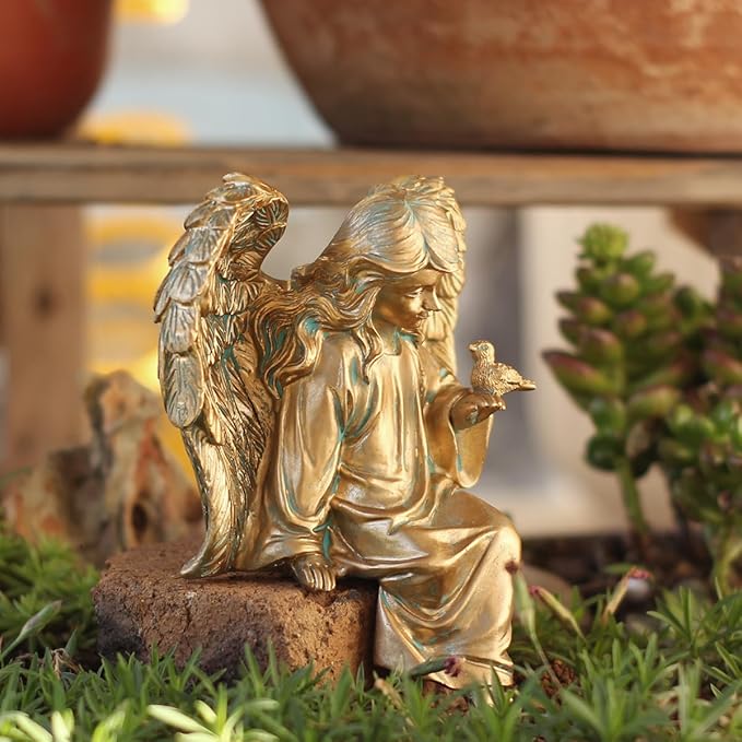 Angel Garden Statue, Sitting Angel Sculpture, Resin Angel with Bird Figurine for Patio Yard Porch Lawn Outdoor Decor Home Shelf Sitter Memorial Spiritual Gifts (Bronze)
