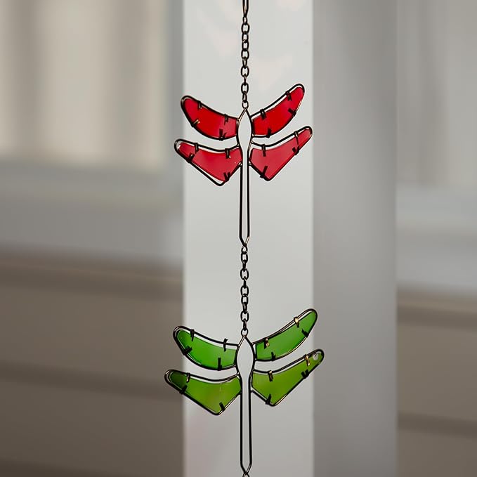 Evergreen Garden Dragonfly Stained Glass Metal Rain Chains for Gutters | 6 Ft. Rain Catcher Chain Replacement Downspout | Decorative Rain Chains for Outside Garden Balcony Porch