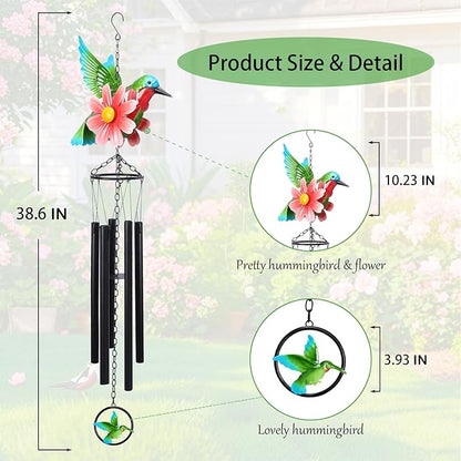 MUMTOP Hummingbird Wind Chimes for Outside, Metal Deep Tone Memorial Sympathy Wind Chime Windchimes with Flower for Patio, Outdoor,Garden,Yard,Window,Home Decor or Gifts for Women