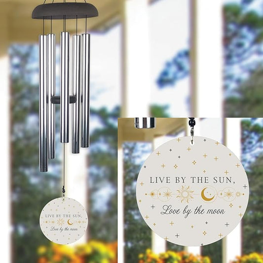 Celestial Wind Chime, Live by the Sun, Love by the Moon, with Sun and Moon Design, Outdoor Hanging Chime for Garden, Patio, or Porch, Inspirational Quote Gift