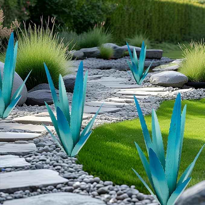 EROCK 2 Pcs Tequila Rustic Sculpture, Wind Resistant Metal Agave Plant Outdoor Home Decor, DIY Rustic Hand Painted Metal Agave Garden Art Plant Country Sculpture Statue Patio Stake Lawn Ornament Gift