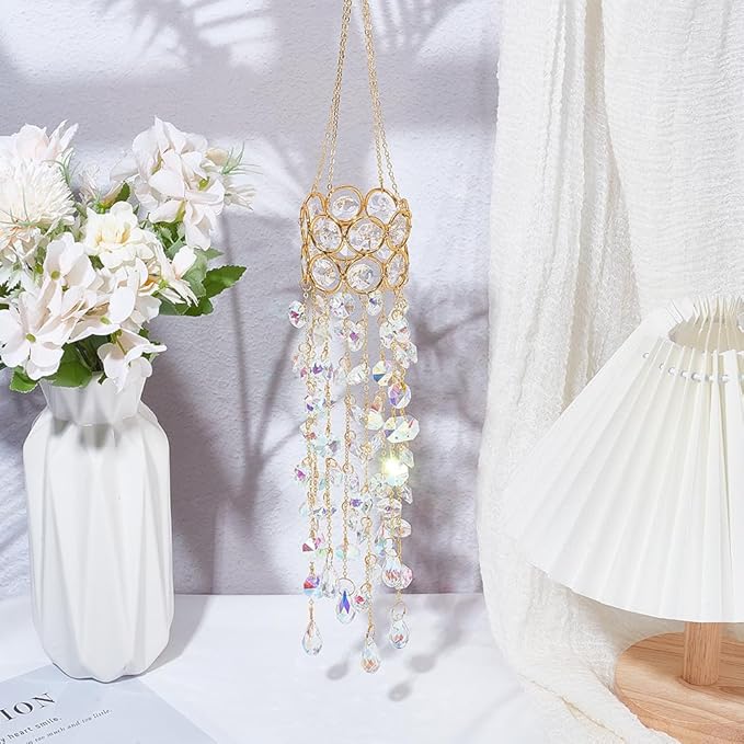 17.9In Crystal Wind Chimes Glass Crystal Suncatcher Prism Hanging Rainbow Maker Sun Catchers Octagonal Bead Chains Windchime for Window Hanging Ornaments Home Garden Decor Indoor Outdoor